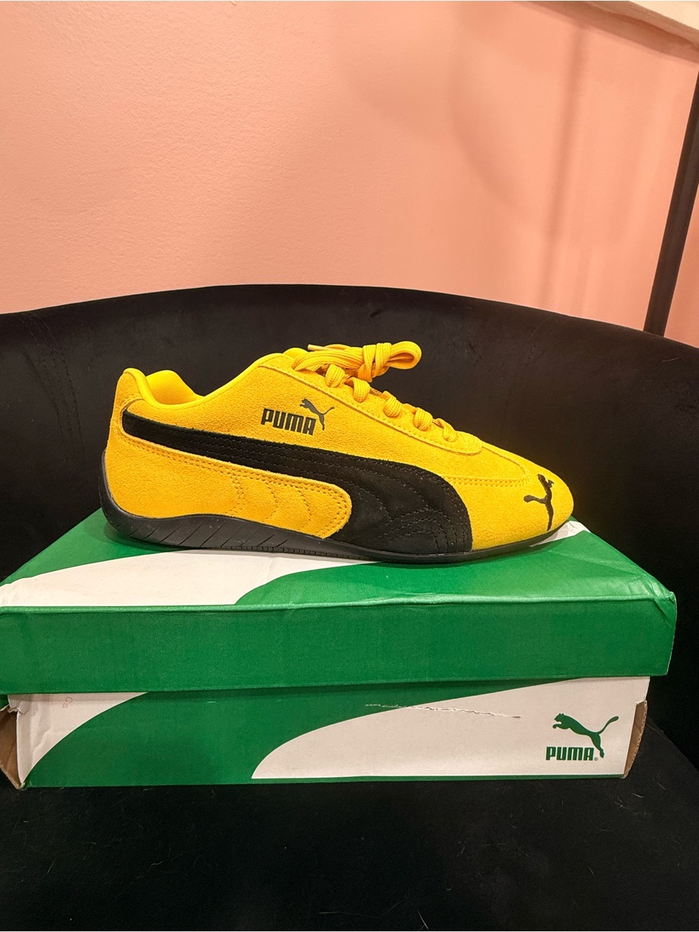 Puma men’s Yellow and Black Suede Racing Sneakers